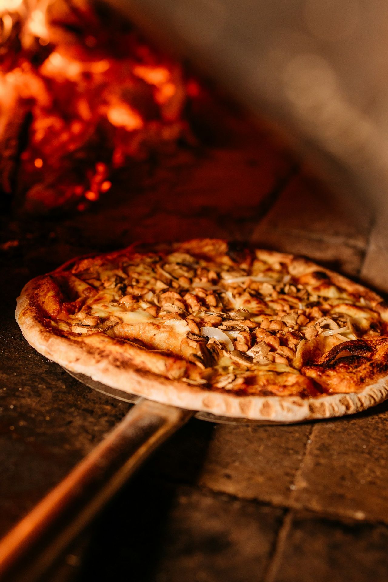 Pizza baked in a wood oven